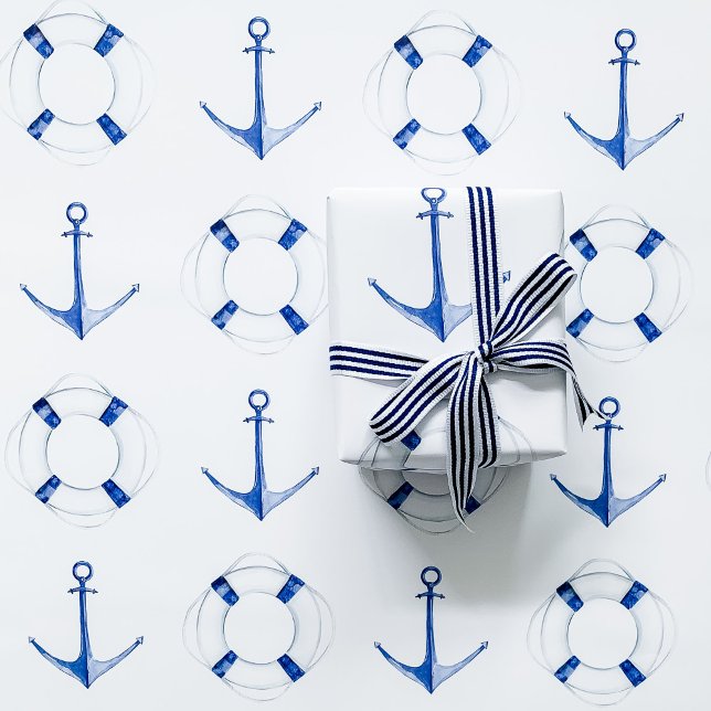 Feuille De Papier Cadeau Bleu voile Ancre et Cercle de Vie Nautique (Sailing boat anchor and life buoy blue wrapping paper)