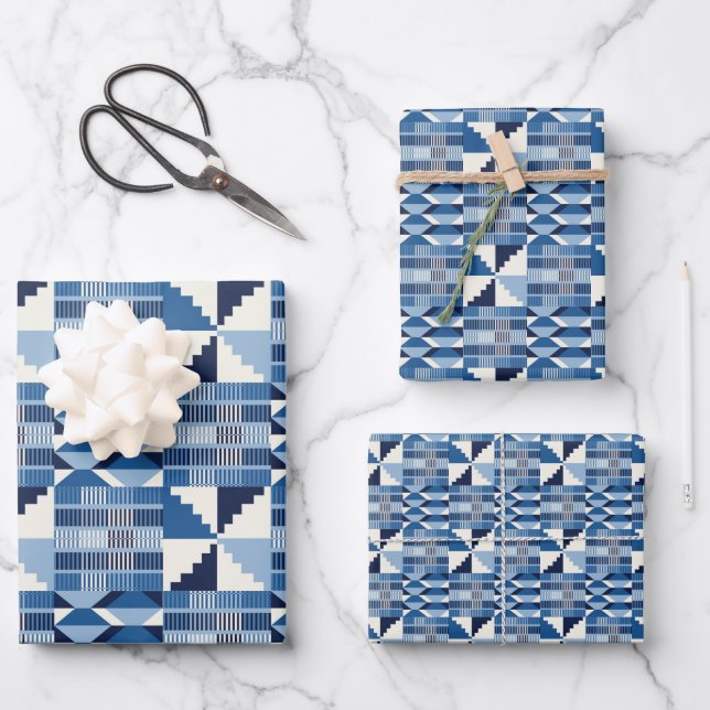 Feuille De Papier Cadeau Bloc Kente - Indigo doux (Recto)