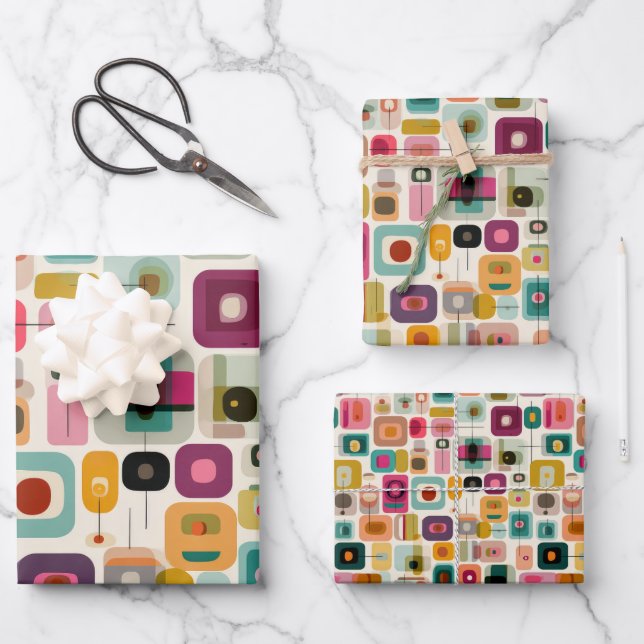 Feuille De Papier Cadeau Blocs couleur RETRO Motif géométrique du milieu du (Recto)
