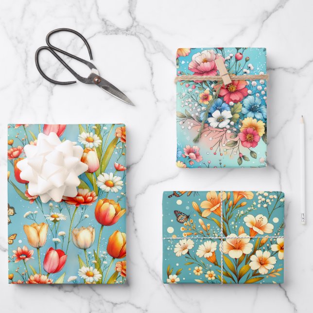 Feuille De Papier Cadeau Bloomscape Blue 3 (Recto)