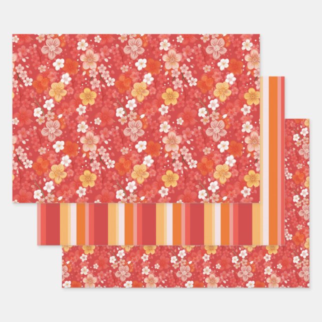 Feuille De Papier Cadeau Bloomscape rouge cerise en fleurs et rayures (Lot)
