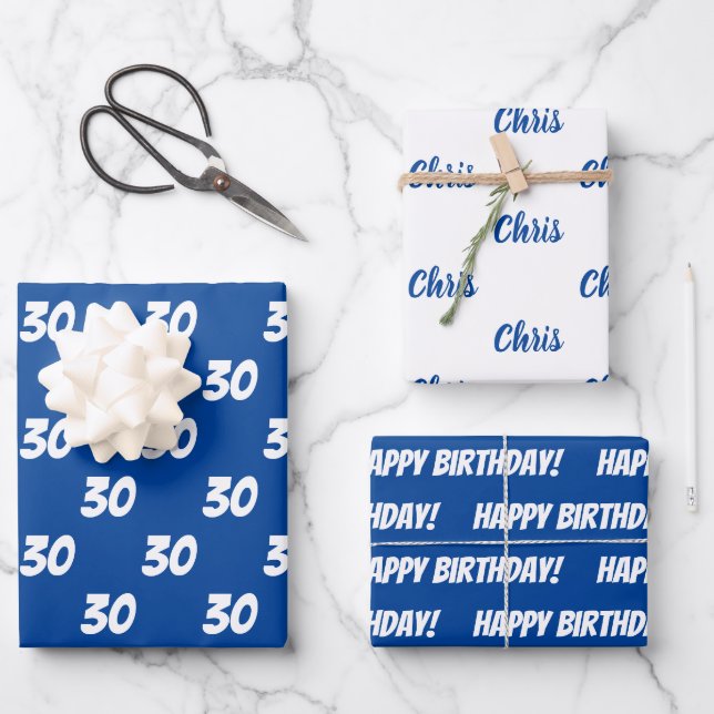 Feuille De Papier Cadeau Blue 30th Happy Birthday Nom personnalisé (Recto)