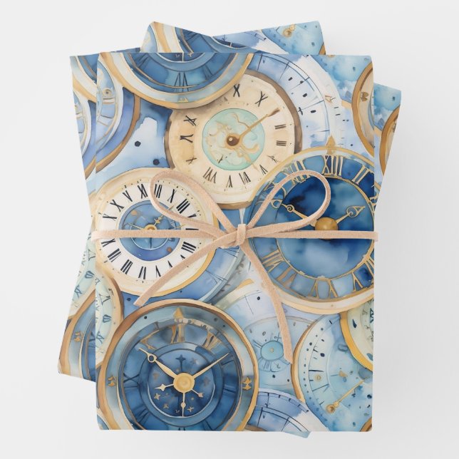 Feuille De Papier Cadeau Blue and Gold Clock Pattern (En situation)