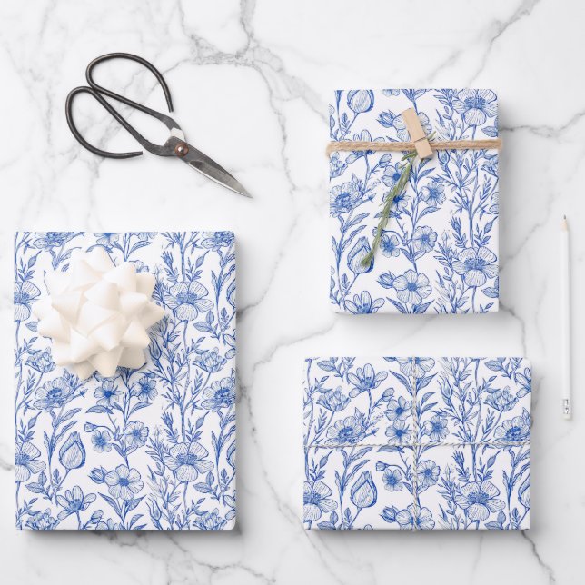 Feuille De Papier Cadeau Blue and White Chinoiserie Wildflower (Recto)