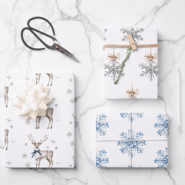 Feuille De Papier Cadeau Blue Bows Deer Snowflakes Christmas (Recto)