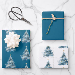 Feuille De Papier Cadeau Blue Christmas Tree Gold Star
