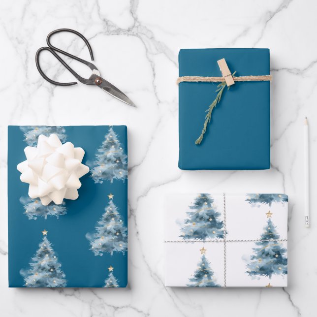 Feuille De Papier Cadeau Blue Christmas Tree Gold Star (Recto)