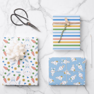 Feuille De Papier Cadeau Blue Cute Bunnies Stripes Baby shower garçon