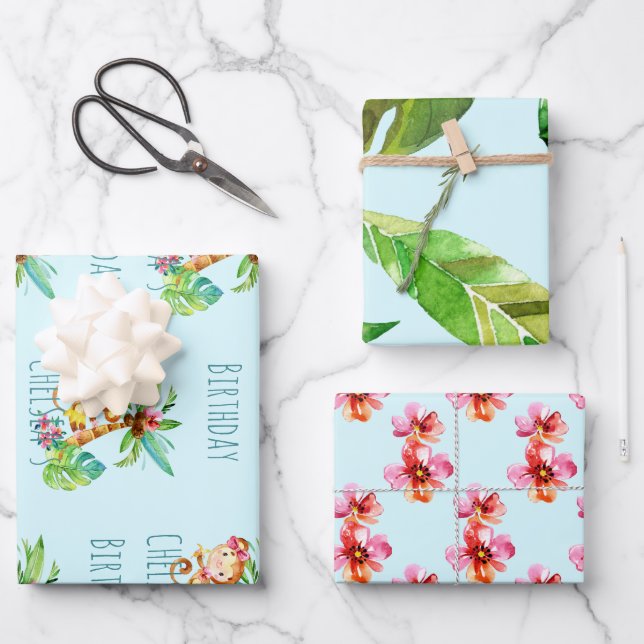 Feuille De Papier Cadeau Blue Cute Monkey Personnalisé Joyeux anniversaire (Recto)