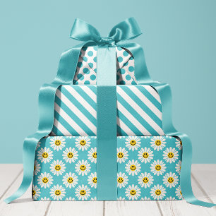 Feuille De Papier Cadeau Blue Daisy Floral Stripes Polka Dot