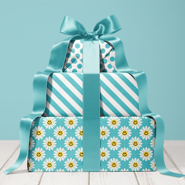 Feuille De Papier Cadeau Blue Daisy Floral Stripes Polka Dot (Créateur téléchargé)