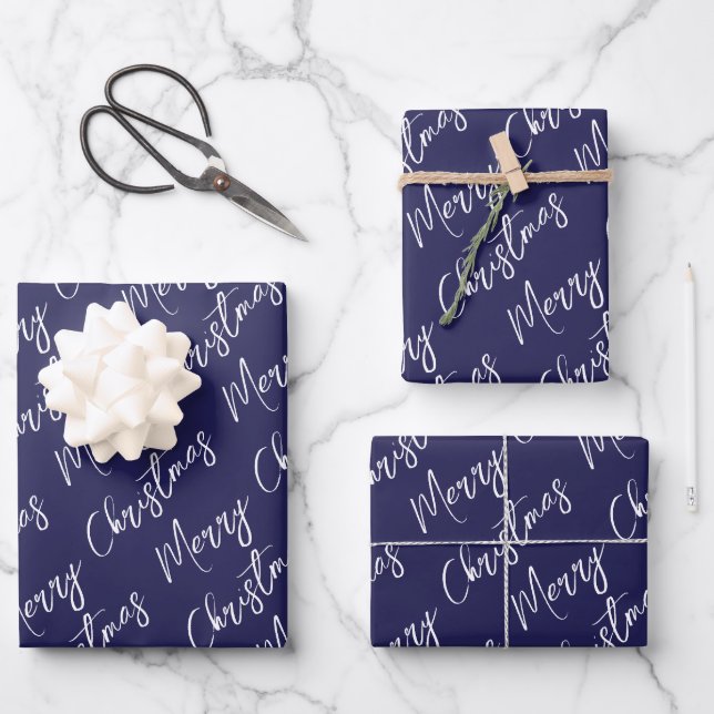 Feuille De Papier Cadeau Blue Elegant Script Merry Christmas (Recto)