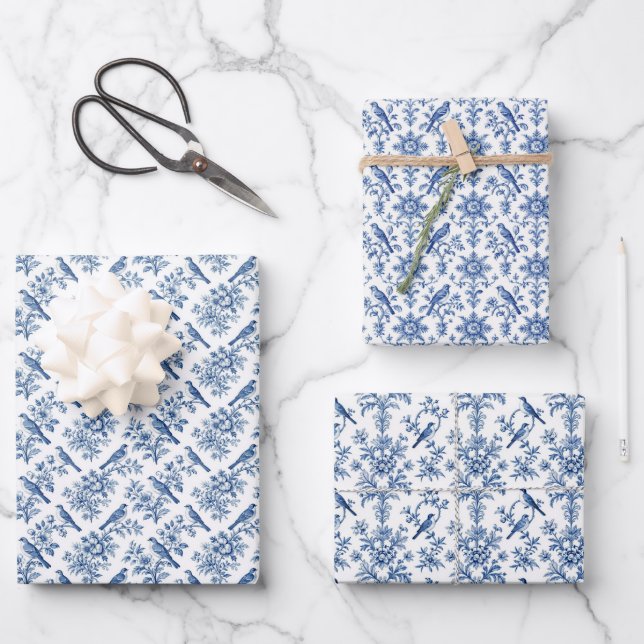 Feuille De Papier Cadeau Blue Floral Chinoiserie Sheet Gift Wrap Set of 3 (Recto)