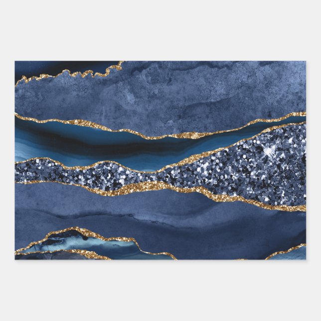 Feuille De Papier Cadeau Blue Gold Glitter Agate Marble Tendance  (Devant)