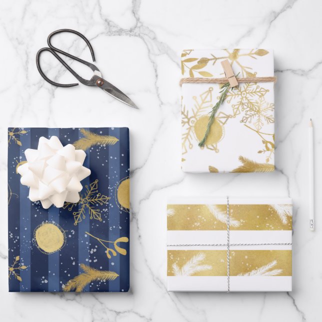 Feuille De Papier Cadeau Blue Gold White Noël Motif (Recto)