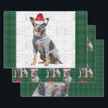 Feuille De Papier Cadeau Blue Heeler Christmas Chien Vert Plaid<br><div class="desc">Un adorable chien de bétail,  Queensland ou Blue Heeler est prêt pour la saison des fêtes avec un chapeau de Père Noël. Ce mignon chien de Noël est jumelé à un plaid de vacances rouge et vert sur cet ensemble d'enveloppement cadeau pour l'amoureux des chiens.</div>