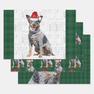 Feuille De Papier Cadeau Blue Heeler Christmas Chien Vert Plaid