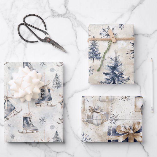 Feuille De Papier Cadeau Blue Ice Skates Snowflakes Christmas Trees Gifts (Recto)