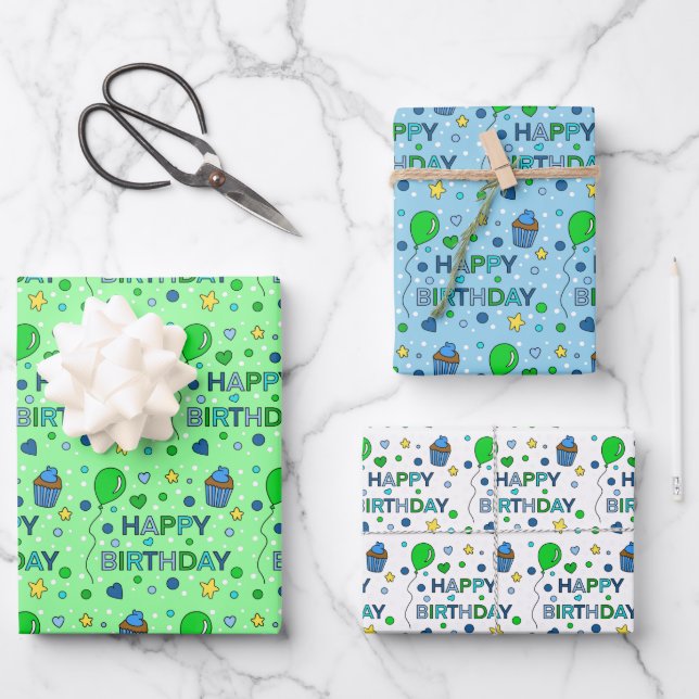 Feuille De Papier Cadeau Blue, Lime Green et White Boy's Happy Birthday (Recto)