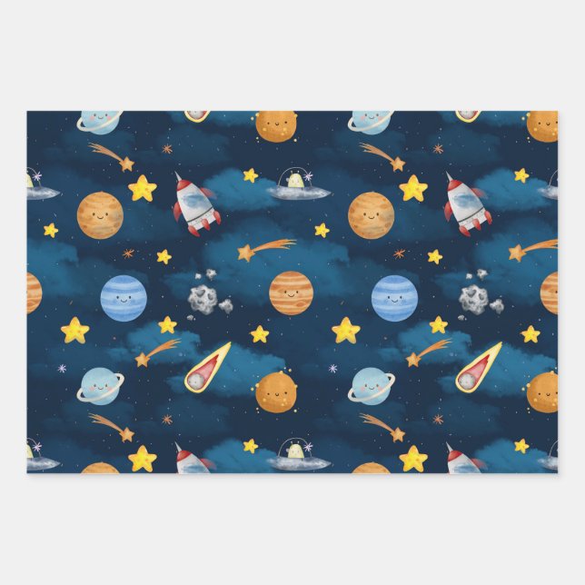 Feuille De Papier Cadeau  Blue Outer Space Planets Seamless Pattern (Devant)