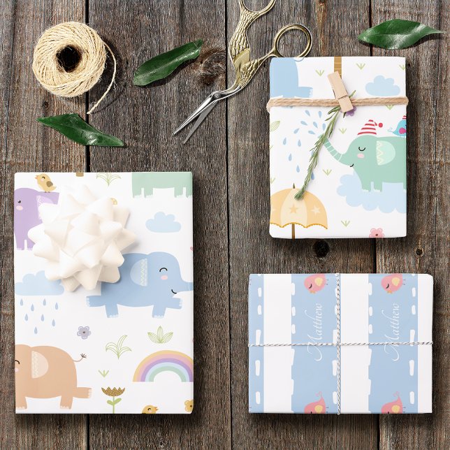 Feuille De Papier Cadeau Blue Pastel Elephant Motif pour Little Boy Party (Créateur téléchargé)
