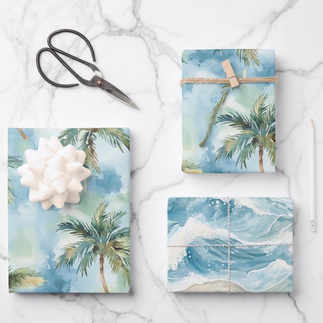 Feuille De Papier Cadeau Blue Skies Tropical Island Palm Trees Birthday (Recto)