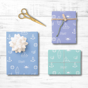 Feuille De Papier Cadeau Blue Summer Ocean Line Art Motif sans couture