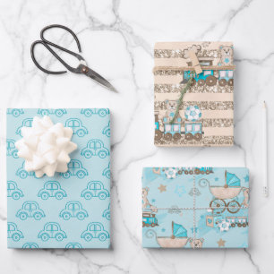 FEUILLE DE PAPIER CADEAU BLUE & TAN WATERCOLOR BÉBÉ VOITURE TRAINS OURS