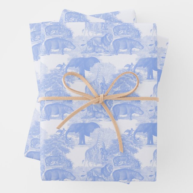 Feuille De Papier Cadeau Blue Toile Jungle Animaux Safari Chinoiserie (En situation)