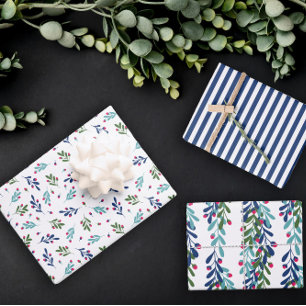 Feuille De Papier Cadeau Blue Twids & Pink Berries Motifs de Noël