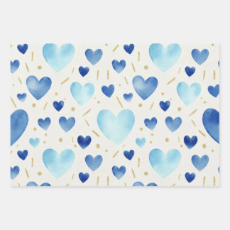Feuille De Papier Cadeau Blue Watercolor & Gold Glitter Hearts