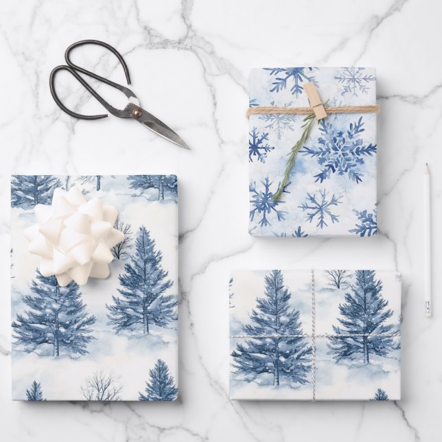 Feuille De Papier Cadeau Blue White Christmas Pine Trees Snowflakes (Recto)