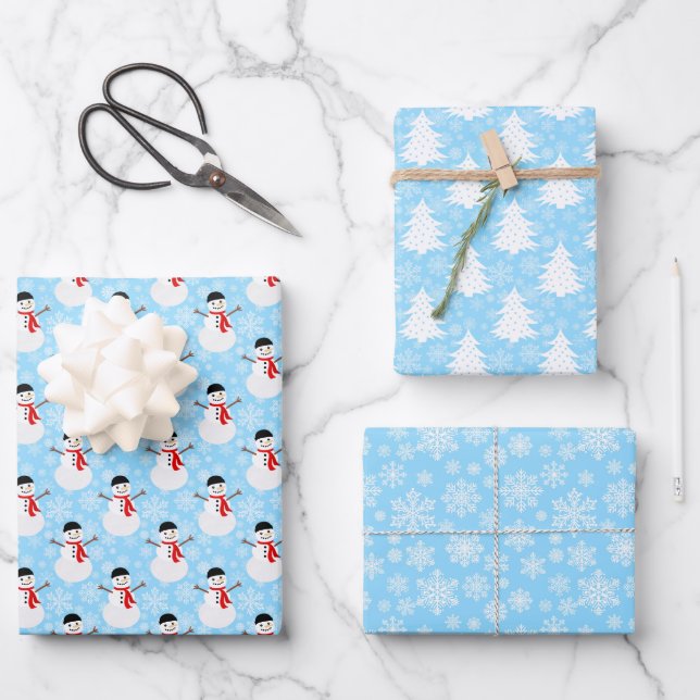 Feuille De Papier Cadeau Blue Winter Snowman Trees et Snowflakes (Recto)