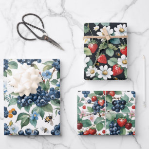 Feuille De Papier Cadeau Blueberries fraises abeilles et papillons