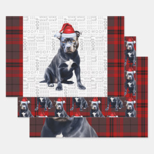 Feuille De Papier Cadeau Bluenose Pitbull Chien de Noël Rouge Grey Plaid