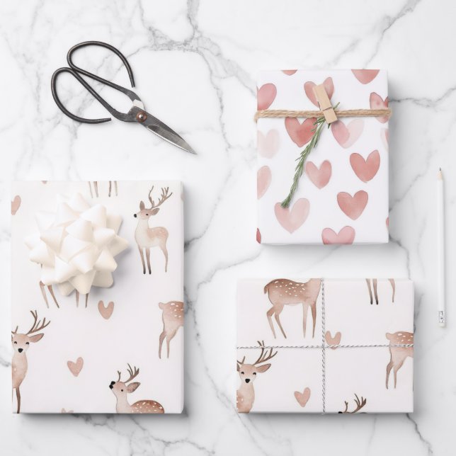 Feuille De Papier Cadeau Blush Pink Hearts Cream Deer Christmas (Recto)