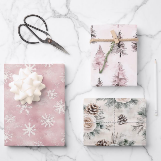 Feuille De Papier Cadeau Blush Pink Snowflakes Trees Flowers Christmas (Recto)