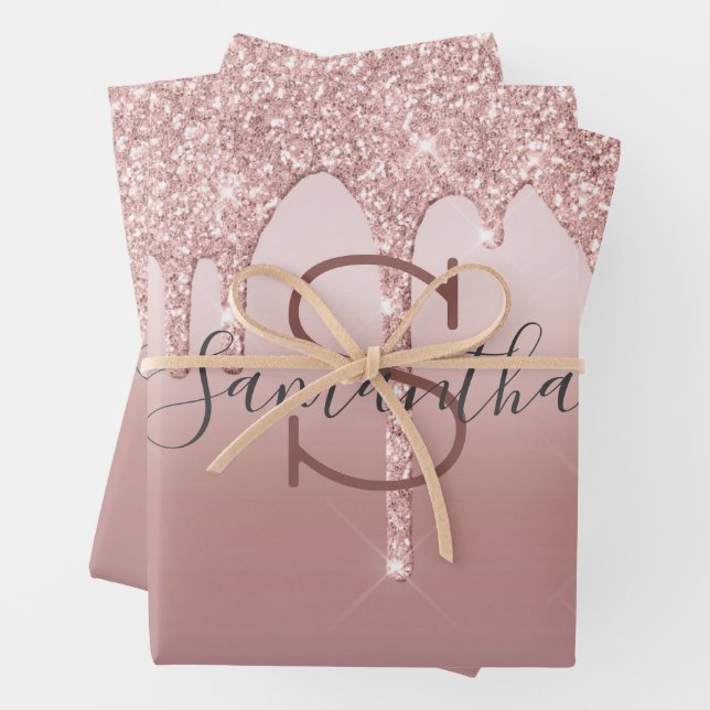 Feuille De Papier Cadeau Blush Rose Or Monogrammé Pailleté Tendance (En situation)
