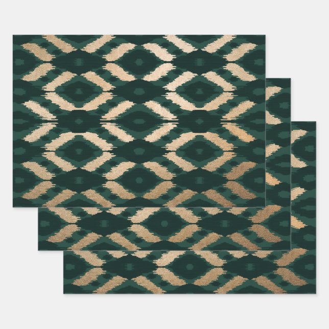 Feuille De Papier Cadeau Bohême Gold Forest Green Ikat Motif (Lot)