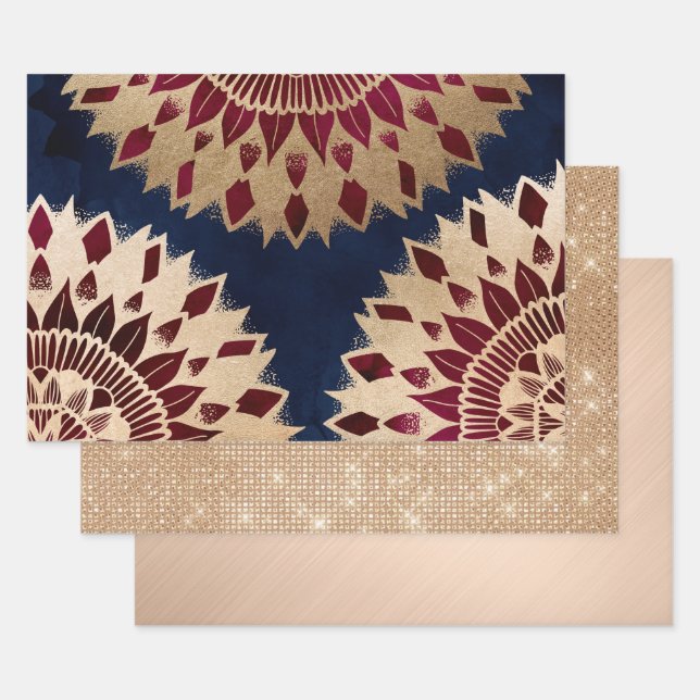 Feuille De Papier Cadeau Bohême Gold Navy Bourgogne main tiré Mandala (Lot)