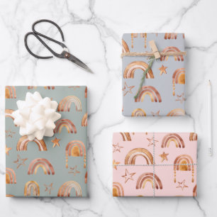 Feuille De Papier Cadeau Boho Arc-en-ciel Étoiles Baby Shower Bleu Rose Ver