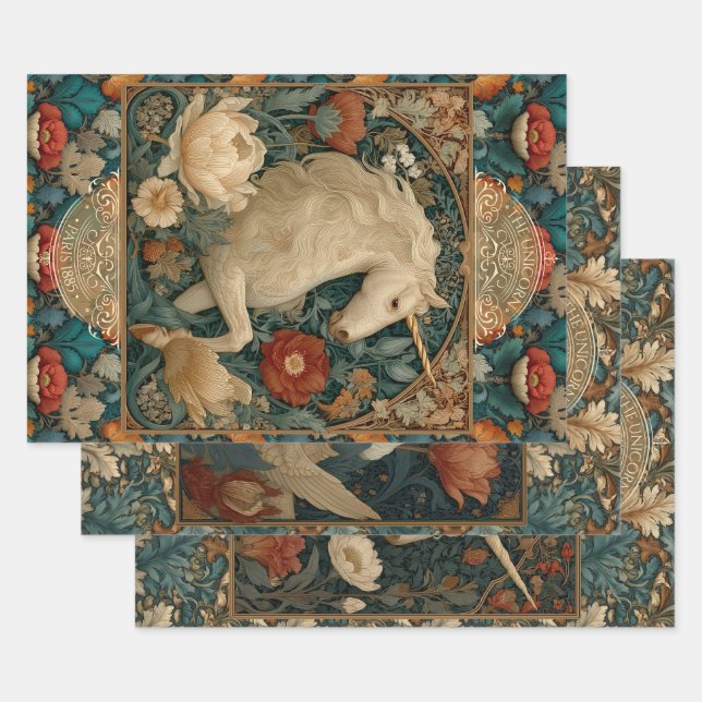 Feuille De Papier Cadeau Boho Art Nouveau Floral Unicorn (Lot)