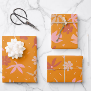 Feuille De Papier Cadeau Boho Birds and Flowers Motif en Orange et rose