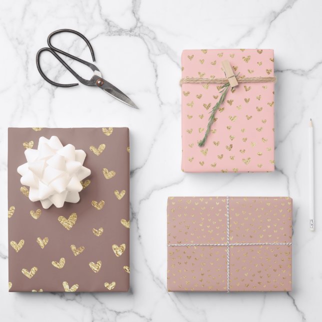 Feuille De Papier Cadeau Boho Blush Rose Beige Gold Coeurs (Recto)