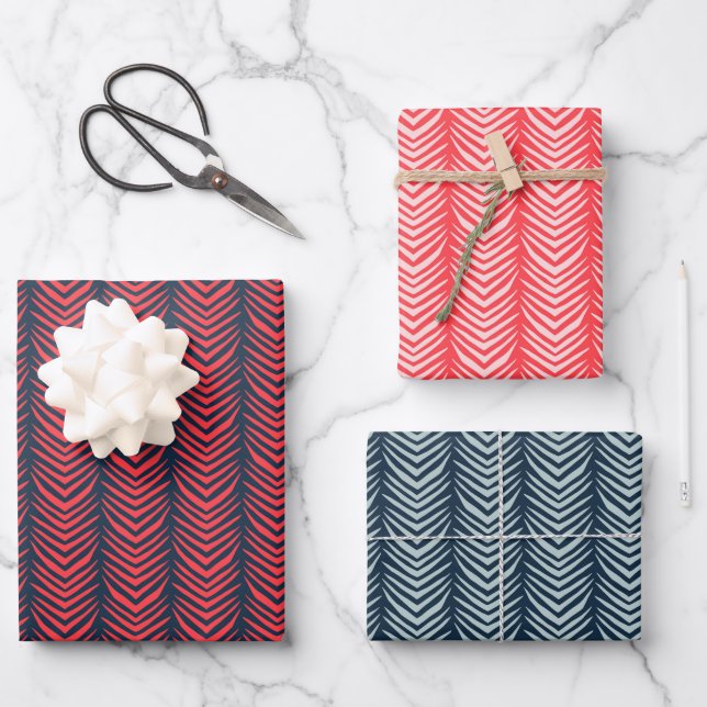 Feuille De Papier Cadeau Boho Chevron Stripe en rouge et de la marine Noël (Recto)