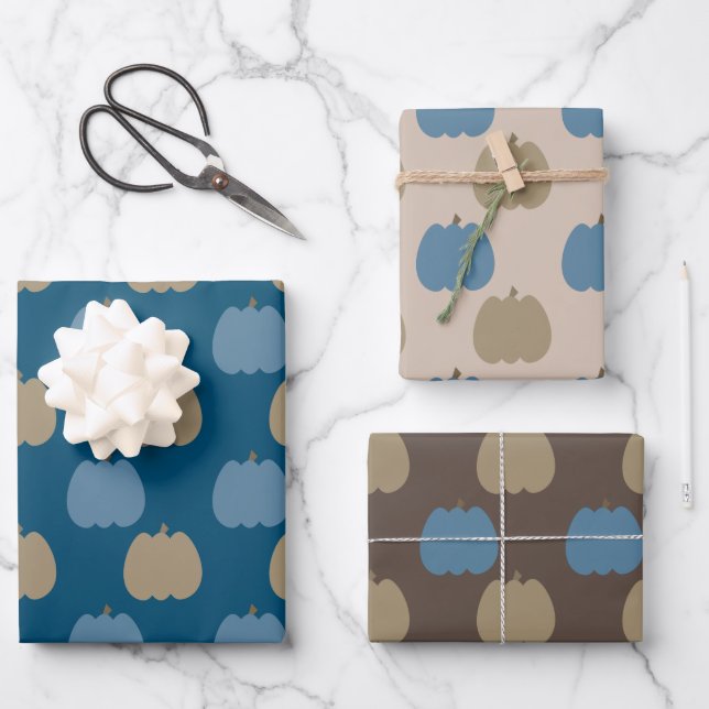 Feuille De Papier Cadeau Boho Citrouille bleu beige  (Recto)