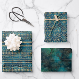 Feuille De Papier Cadeau Boho en or bleu turquoise