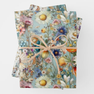 FEUILLE DE PAPIER CADEAU BOHO ÉTÉ FLEURS SAUVAGES FLORAL