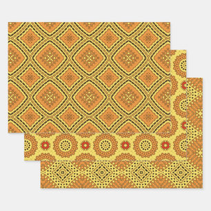 Feuille De Papier Cadeau Boho ethnique jaune orange Motifs géométriques