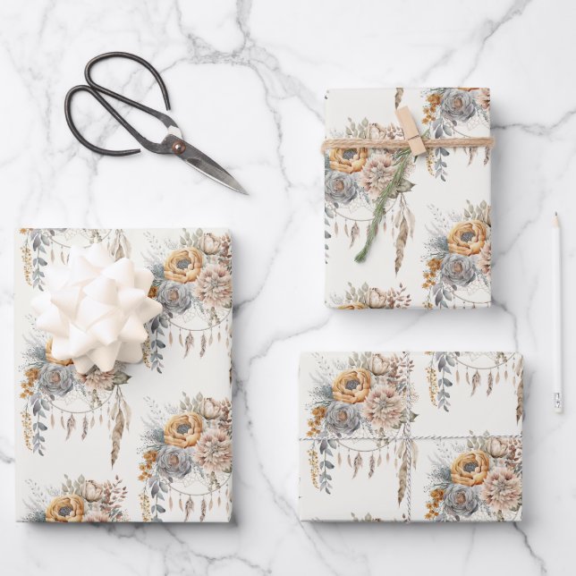 Feuille De Papier Cadeau Boho Flower Bouquet et Dreamcatcher Motif (Recto)